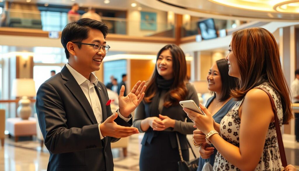 A multilingual cruise ship purser fluently conversing with international passengers in a well-lit, sophisticated cruise ship lobby. The purser, a young, sharp-featured Japanese person, gestures gracefully while engaged in lively discussion, their professional attire and demeanor conveying competence and courtesy. The background features elegant decor, plush seating, and marble floors, creating an atmosphere of refinement and global connectivity. Warm, diffused lighting casts a subtle glow, emphasizing the purser's language skills and interpersonal abilities as essential elements of their role.