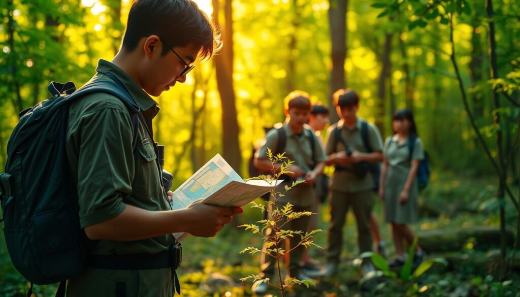 A nature ranger diligently examines a forest map, with a backpack and binoculars at the ready. The scene is illuminated by warm, golden sunlight filtering through the lush, verdant canopy, creating a serene and tranquil atmosphere. In the middle ground, a ranger carefully tends to a small sapling, ensuring its healthy growth. In the background, a group of young rangers converse animatedly, their enthusiasm and dedication to their work evident. The overall composition conveys the daily responsibilities and commitment of these Japanese nature stewards, capturing the essence of their important role in preserving the delicate balance of the wilderness.