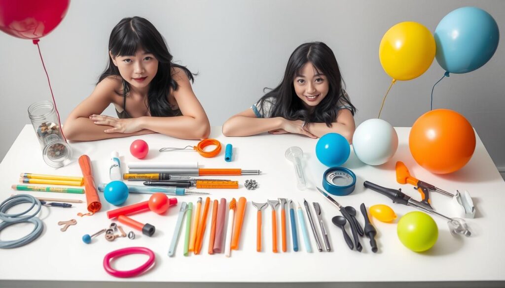 A neatly organized array of balloons, balloon pumps, and other balloon-making tools and materials sits on a pristine white tabletop. The lighting is soft and diffused, casting gentle shadows that highlight the vibrant colors and textures of the materials. The focus is sharp, with a shallow depth of field that draws the eye to the foreground elements. The overall mood is one of precision, organization, and a sense of artistic potential, as if the viewer is about to witness the creation of a masterful balloon sculpture. The models featured in the image are young, Japanese-looking individuals with dark hair, their expressions serene and focused, ready to put these tools and materials to use.