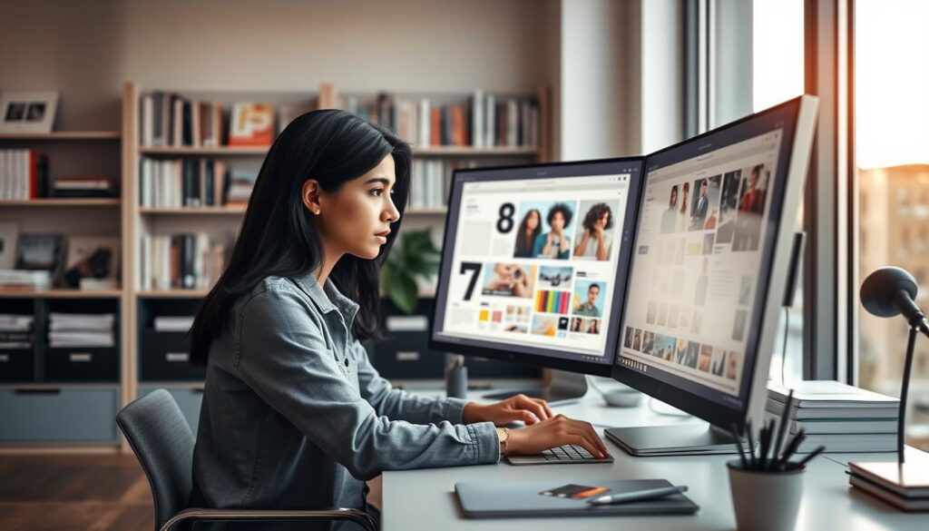 A neatly organized office with sleek, modern furniture and a large computer display. In the foreground, a young, focused editorial designer sits at a desk, meticulously arranging layouts and color palettes on their screen. Soft, natural lighting filters in through large windows, casting a warm glow across the workspace. The designer's face is expressive, showcasing their deep concentration as they navigate the design software, their black hair framing their features. The background features shelves of design books and magazines, hinting at the wealth of inspiration and knowledge required for this dynamic career. The overall atmosphere conveys a sense of professionalism, creativity, and the thoughtful attention to detail inherent in the editorial design profession.