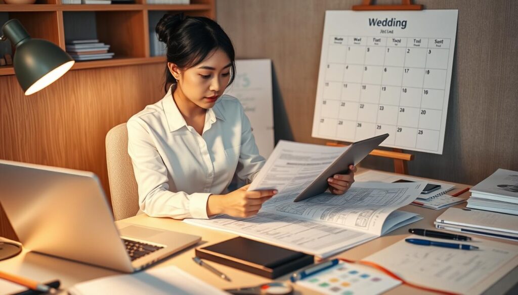 A neatly organized wedding planner's workstation, featuring a laptop, tablet, and various wedding-related tools and accessories. The planner, a young, professional-looking Japanese woman, is seated at the desk, deep in concentration as she reviews detailed floor plans and guest lists. Soft, warm lighting from a nearby lamp creates a focused, productive atmosphere. In the background, a large calendar prominently displays an upcoming wedding date, underscoring the planner's meticulous scheduling skills. The overall scene conveys the planner's comprehensive skill set, including organization, attention to detail, communication, and project management.