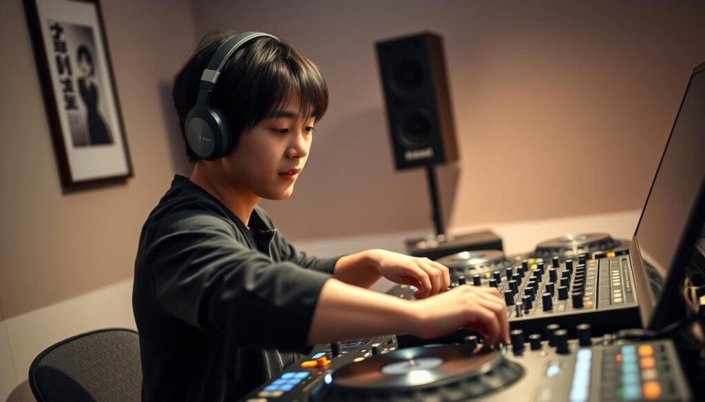 A neatly organized workstation with professional-grade DJ equipment, including a sleek turntable, a powerful mixer, and a pair of high-quality headphones. The setup is bathed in a warm, ambient lighting, creating a cozy and focused atmosphere. The foreground features a young, enthusiastic Japanese-looking DJ, their hands gracefully manipulating the controls, their expression one of deep concentration as they immerse themselves in the art of mixing. The background is softly blurred, emphasizing the central focus on the DJ and their equipment. The scene conveys a sense of passion, dedication, and the excitement of a beginner's journey into the world of DJing.