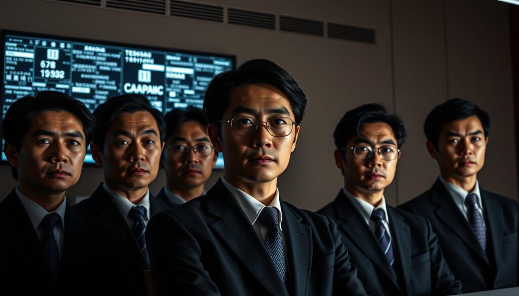 A panel of young, serious-looking Japanese technocrats gather in a dimly lit boardroom, their faces illuminated by the glow of a large, futuristic-looking computer monitor. The scene evokes a sense of power, influence, and the methodical progression of technological advancement. The technocrats are captured in a realistic, high-resolution photographic style, with intricate details in their facial features and crisp, clean lines in their formal attire. The background is a muted, neutral palette that allows the focus to remain on the technocrats and the sense of historical significance in their roles.