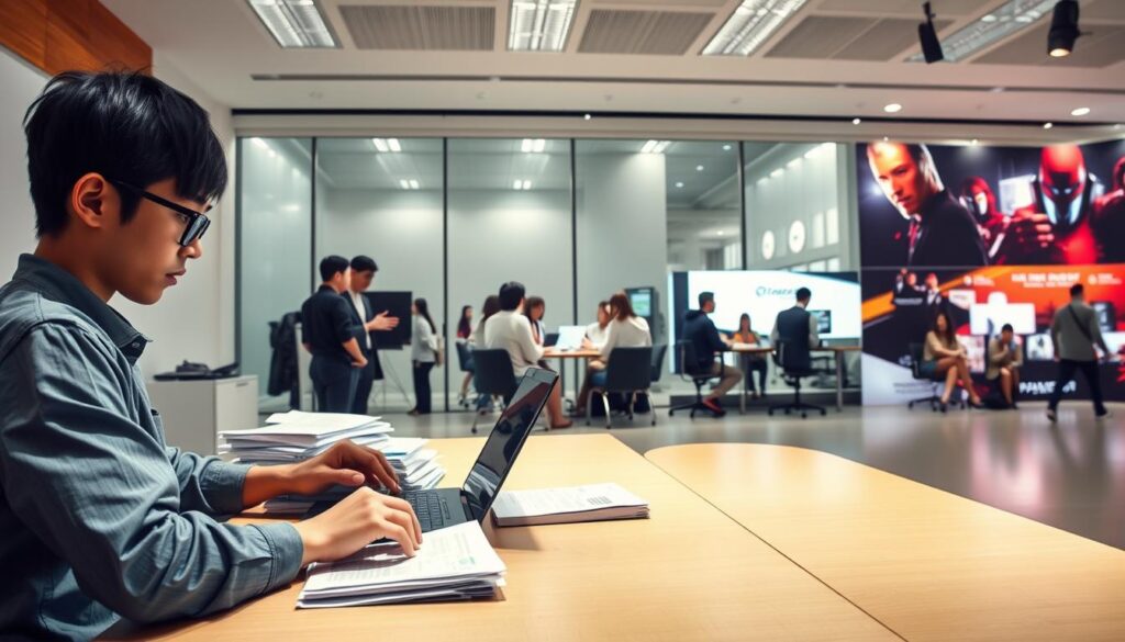 A panoramic scene depicting the career path of a game writer. In the foreground, a young Japanese-looking person sits at a desk, intently typing on a laptop, surrounded by stacks of paper and reference materials. In the middle ground, the same person is presenting ideas to a group of colleagues in a modern office setting, gesturing animatedly. In the background, the person is shown in various stages of their career - attending a gaming conference, collaborating with artists and designers, and ultimately overseeing the development of a game, their name prominently displayed in the credits. The lighting is soft and natural, conveying a sense of focus and progression. The overall mood is one of dedication, hard work, and the fulfillment of a career in the dynamic world of game writing.