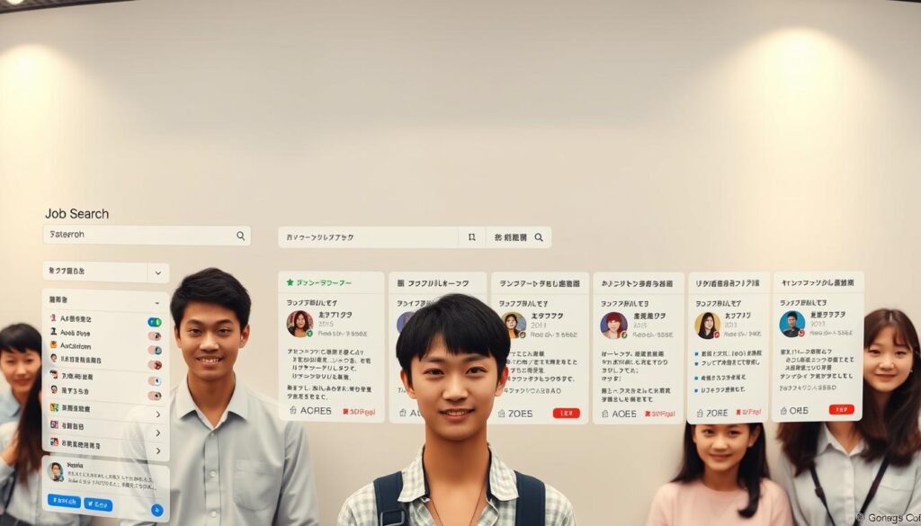 A panoramic view of a bustling job search website interface, featuring a diverse array of young, Japanese-looking models against a clean, minimalist backdrop. The foreground showcases various job categories and search filters, inviting the user to explore the site's comprehensive offerings. The middle ground displays detailed side-by-side comparisons of the unique features and specialties of different job search platforms, allowing the viewer to discern the best fit. The background subtly fades into a soft, warm lighting, creating a professional and trustworthy atmosphere. The overall composition conveys a sense of efficiency, clarity, and tailored solutions for the user's job-seeking needs.