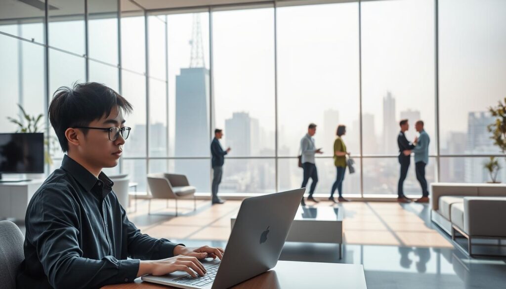 A panoramic view of a well-defined career path for programmers, showcasing various stages and opportunities. In the foreground, a young Japanese programmer working intently on a laptop, surrounded by a sophisticated, minimalist office environment with sleek furniture and large windows allowing natural light to flood the scene. In the middle ground, several programmers in different roles - a junior developer, a software architect, and a team lead - engaged in collaborative discussions, representing the growth and advancement possibilities. In the background, a towering skyscraper silhouette against a vibrant, hazy city skyline, symbolizing the potential for senior-level positions and leadership roles. The overall mood is one of professionalism, ambition, and a sense of a well-structured, rewarding career trajectory.