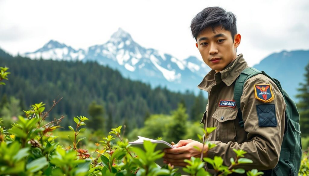 A park ranger diligently inspects a lush, verdant national park. In the foreground, they meticulously document flora and fauna, studying the intricate web of life. Their keen eyes scan the middle ground, monitoring wildlife activity and ensuring the preservation of this natural sanctuary. In the background, towering mountains rise, their peaks dusted with snow, creating a serene and awe-inspiring backdrop. The ranger, dressed in a rugged uniform, exudes a sense of purpose and dedication, their face bearing the youthful features of a Japanese individual. Soft, diffused lighting illuminates the scene, capturing the beauty and importance of their critical role in safeguarding this precious natural environment.