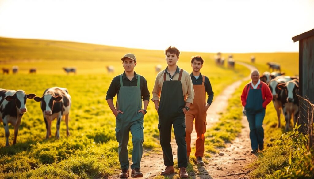 A pastoral scene of a dairy farm, with a winding path leading through lush green fields dotted with grazing cows. In the foreground, a group of young, Japanese-looking farmers, dressed in work attire, stand together, discussing their next steps. Their expressions are contemplative, as they plan their career trajectories within the dairy industry. The background is bathed in warm, golden light, creating a sense of optimism and opportunity. The scene is captured with a cinematic, medium-wide angle lens, allowing the viewer to immerse themselves in the tranquil, yet purposeful, environment. The overall mood conveys the potential for growth and advancement within the dairy farming profession.