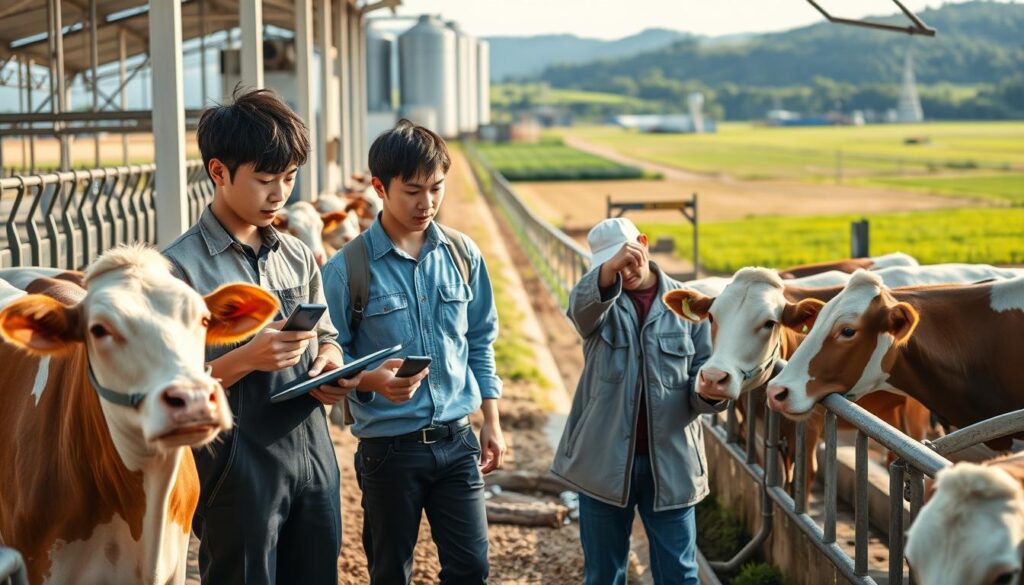 A pastoral scene of a modern dairy farm, showcasing the technical expertise and specialized knowledge required in the field of dairy farming. In the foreground, young Japanese farmers in casual attire meticulously examine the health and well-being of their prized dairy cows, using advanced monitoring devices. The middle ground features a state-of-the-art milking parlor, where the efficient extraction and processing of milk is carried out with precision. In the background, sprawling green pastures and silos filled with feed grains hint at the breadth of knowledge needed to manage a thriving dairy operation. Warm, natural lighting illuminates the scene, capturing the dedication and expertise of these skilled professionals.