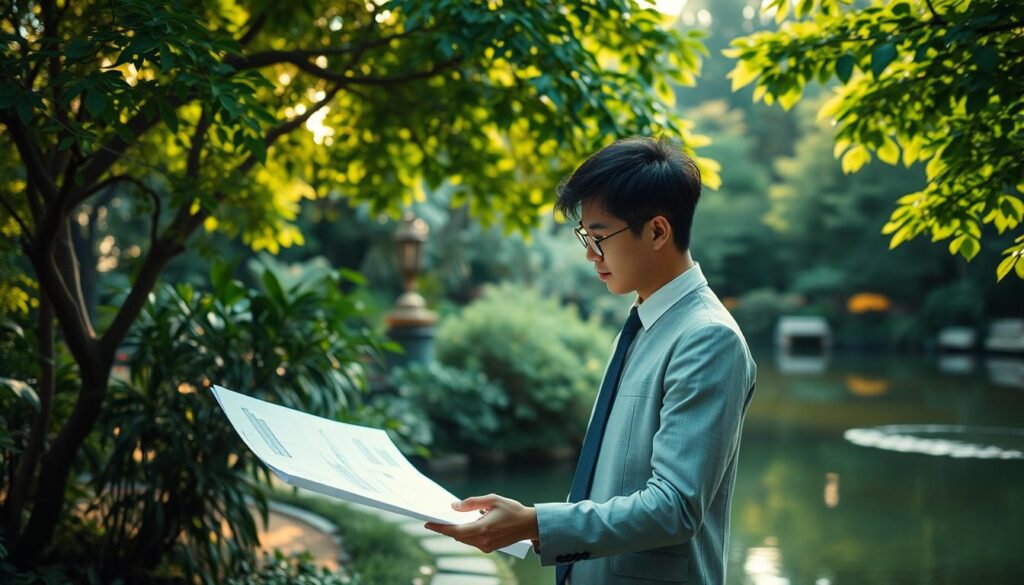 A peaceful garden oasis, with a young Japanese-looking consultant surveying the lush greenery. Warm sunlight filters through the canopy, casting a serene glow on the scene. The consultant, dressed in smart, professional attire, studies a landscape plan, immersed in the creative process of designing an harmonious outdoor space. In the background, a tranquil pond reflects the surrounding foliage, evoking a sense of calm and balance. The composition captures the allure of the consultant's work - blending nature, function, and aesthetic to craft beautiful, restorative environments.