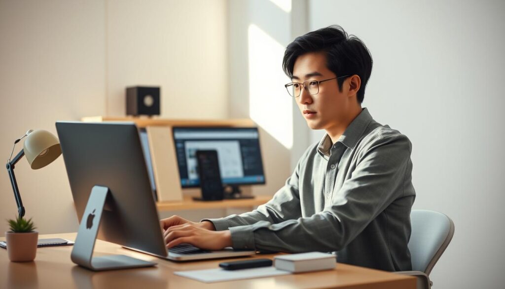 A peaceful, minimalist office setting with a young Japanese-looking professional sitting at a desk, carefully comparing information on multiple digital devices. Soft natural lighting casts a warm glow, highlighting the thoughtful expression as they navigate various career-focused websites. The desktop is uncluttered, allowing the user's focused engagement with the task at hand to take center stage. An atmosphere of considered deliberation pervades the scene, reflecting the nuanced approach to leveraging multiple job search platforms.