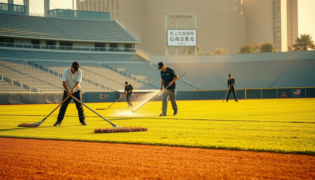 A peaceful morning at the baseball stadium, as a team of young, Japanese-looking groundskeepers diligently attend to their tasks. In the foreground, one worker meticulously rakes the infield, ensuring the smooth surface. In the middle ground, another waters the lush, green grass, maintaining its vibrant hue. In the background, a third worker trims the neatly-edged outfield, their movements captured in a natural, yet focused manner. The scene is bathed in warm, golden light, conveying a sense of tranquility and a well-orchestrated workflow. The overall atmosphere is one of dedication, attention to detail, and the hard work required to keep a baseball stadium's grounds in pristine condition.
