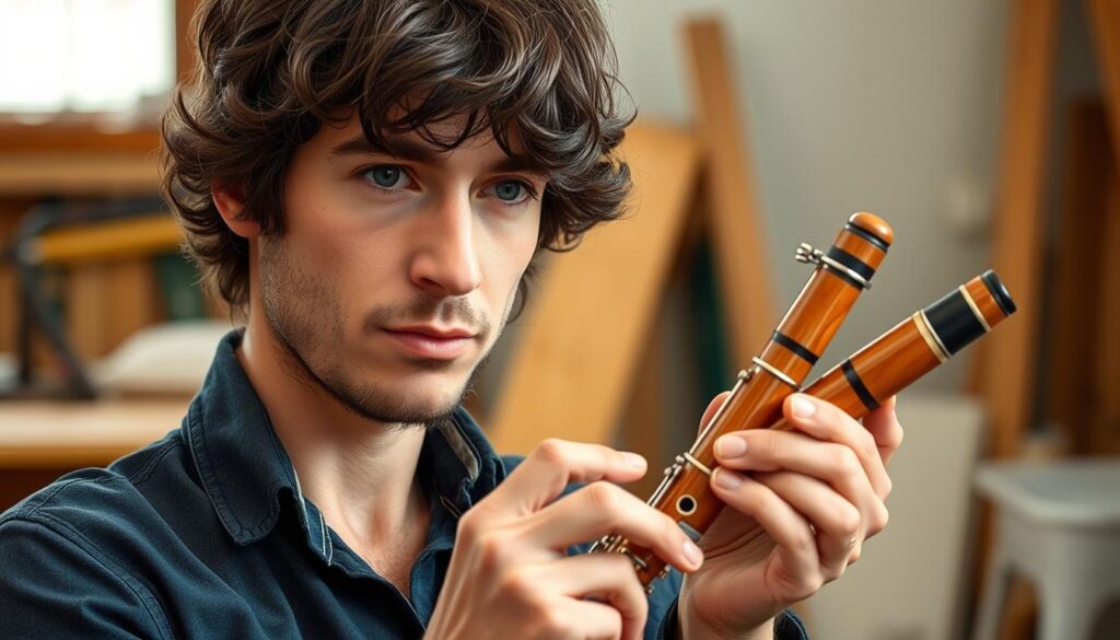A person stands at a crossroads, hesitantly examining a delicate woodwind instrument. They appear curious, with a thoughtful expression, considering a potential career change from their current occupation to the intricate world of musical instrument making. The lighting is soft and natural, highlighting the textures of the wood and the person's face. The background is blurred, allowing the viewer to focus on the subject's contemplative pose. The scene conveys a sense of uncertainty and anticipation, as the individual weighs the challenges and rewards of embarking on this new path.