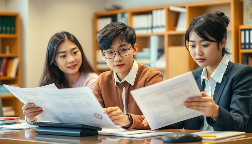 A photo of three young Japanese-looking people, a man and two women, sitting at a desk and examining documents and certificates. The lighting is warm and natural, casting a soft glow on their faces. The background is blurred but appears to be an office or school setting, with bookshelves and other academic accoutrements visible. The individuals have serious yet determined expressions, reflecting the importance of the school counselor certification process they are engaged in. The overall mood is one of professionalism and focus, capturing the essence of the "必要な資格と取得方法" section of the article.