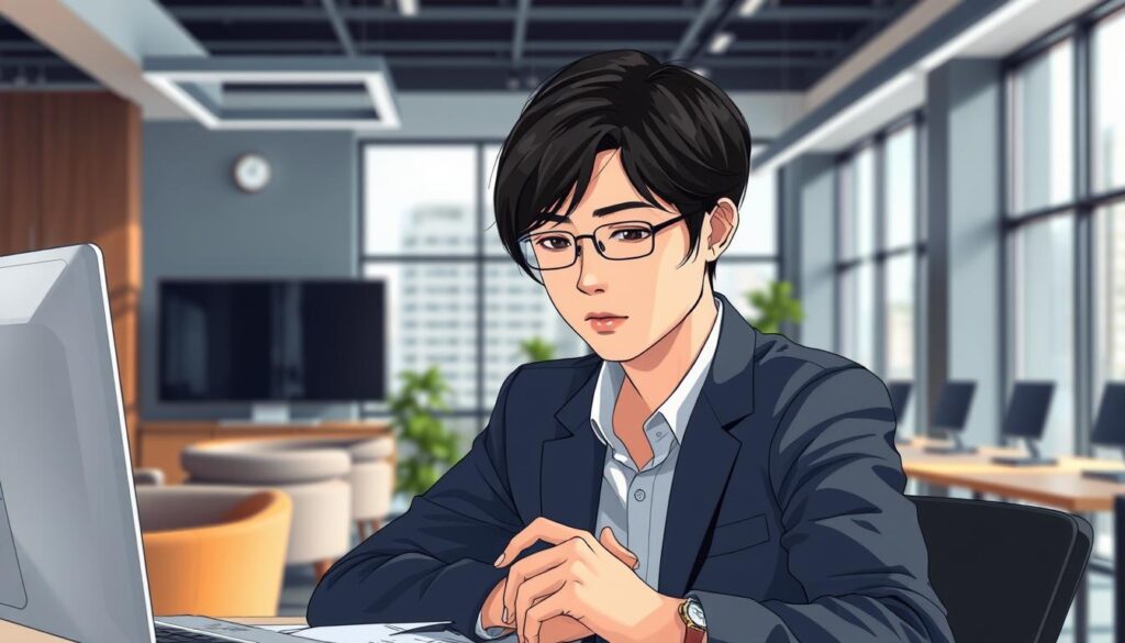 A photorealistic illustration of a conceptor, featuring a young Japanese-looking individual with dark hair, set against a stylish and contemporary office environment. The conceptor is focused on their work, surrounded by sleek furniture, modern technology, and a hint of natural light filtering in through large windows. The scene conveys a sense of professionalism, creativity, and the intellectual nature of the conceptor's role, highlighting the important skills and responsibilities associated with this profession.
