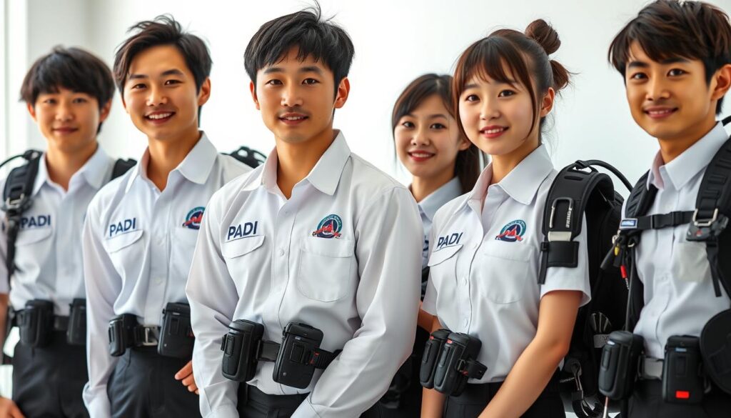 A photorealistic image of a group of young Japanese-looking people, both men and women, standing in a line and wearing PADI scuba diving instructor uniforms and equipment. They are in a bright, well-lit setting with a clean, professional background. The uniforms have the PADI logo and insignia clearly visible, and the individuals have serious, confident expressions as they display the different PADI instructor certification levels. The lighting is natural and flattering, with a slight soft focus effect, capturing the formality and authority of the PADI certification system.