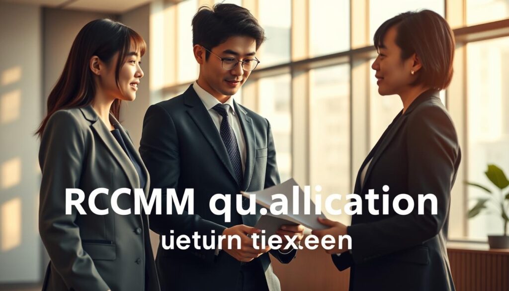 A photorealistic image of the RCCM qualification acquisition process, featuring a group of three young Japanese-looking professionals in formal business attire, standing in a modern office setting with a minimalist design. The scene is illuminated by warm, natural lighting entering through large windows, casting soft shadows and highlights on the subjects' faces and surroundings. The individuals are engaged in discussion, gesturing towards documents or digital devices, conveying a sense of collaboration and knowledge-sharing. The background is slightly blurred, placing the focus on the central figures and the process they are undertaking. The overall mood is one of professionalism, expertise, and a dedicated commitment to the RCCM certification.