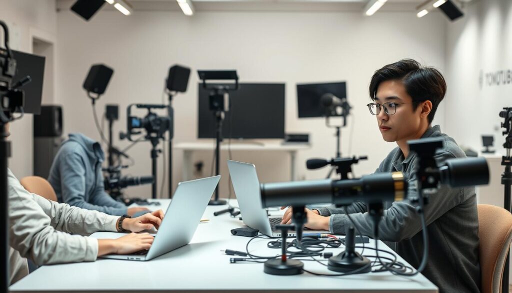 A photorealistic scene depicting a group of young Japanese-looking YouTubers in a modern, well-lit studio setting. The foreground shows three individuals seated at a table, intently focused on their laptops and recording equipment. Soft, directional lighting highlights their facial features and expressions, conveying a sense of concentration and professionalism. The middle ground features various content creation tools and accessories, such as cameras, microphones, and lighting rigs, arranged in an organized manner. The background showcases a sleek, minimalist studio environment with clean white walls and subtle branding or decor, creating a polished and inviting atmosphere. The overall mood is one of a thriving, dynamic YouTuber workplace, reflecting the popularity of this occupation in Japan.