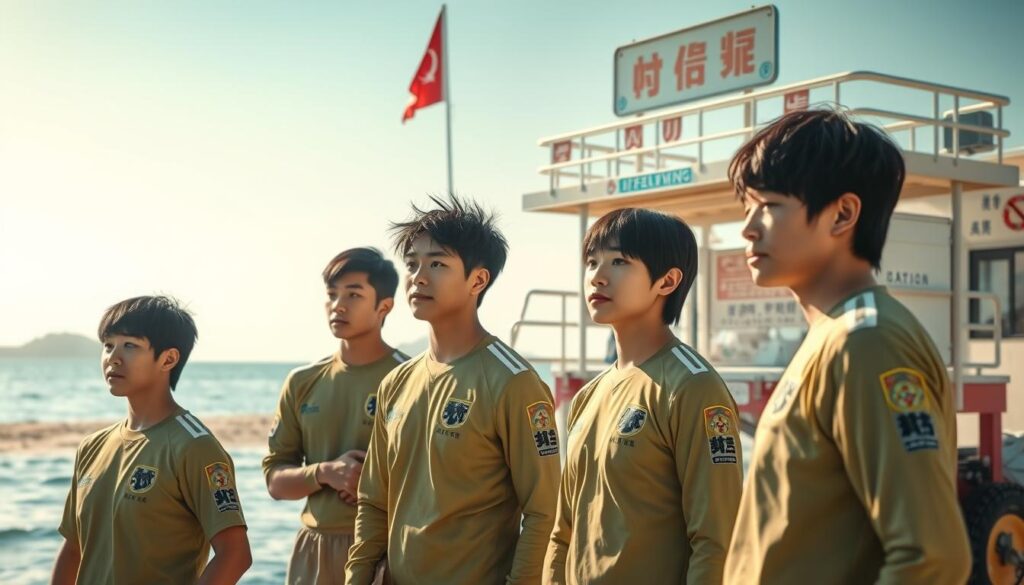 A picturesque scene of the present-day lifesaving industry, showcasing a team of young Japanese-looking individuals in realistic detail. The foreground features three lifeguards in their uniforms, intently monitoring the calm, azure waters. The middle ground reveals a well-equipped lifesaving station, with state-of-the-art rescue equipment and signage. The background sets the stage with a serene beach landscape, sun-dappled and tranquil, conveying a sense of peace and tranquility. Soft, natural lighting illuminates the scene, capturing the essence of the lifesaving profession and the challenges it faces in the current climate.