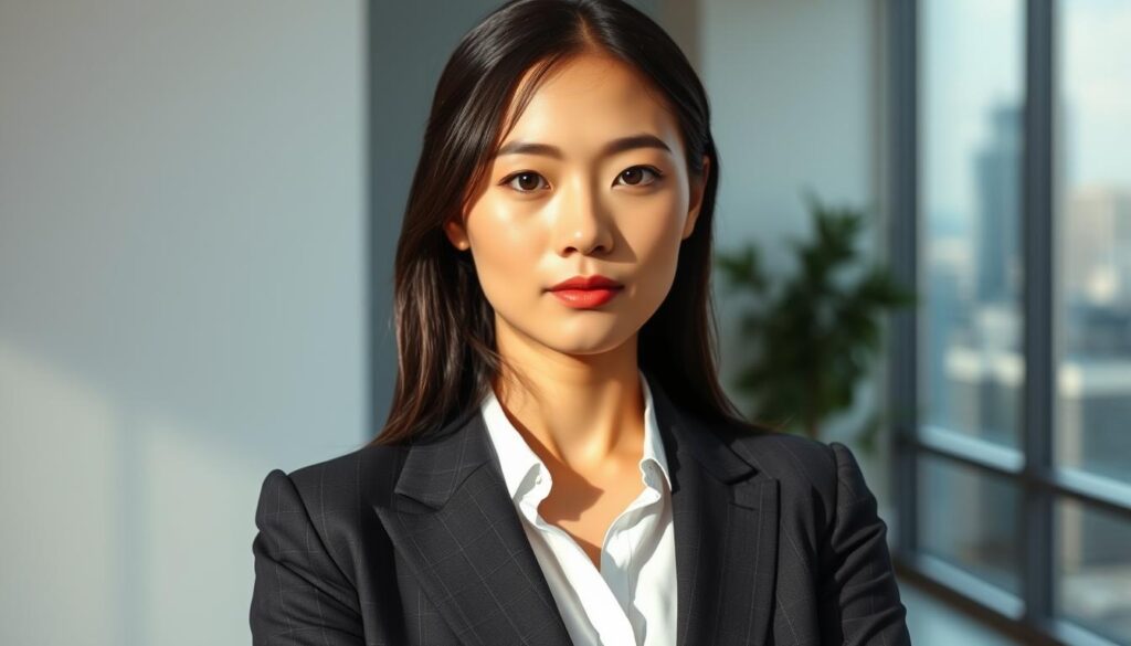 A poised and confident young Japanese woman in a smart business suit stands in a well-lit, minimalist office setting. Her gaze is focused and determined, exuding an air of professionalism and competence. The lighting casts soft shadows, accentuating the sharp lines of her features and the elegant drape of her attire. Behind her, a large window offers a glimpse of a bustling cityscape, conveying a sense of the professional world she navigates with grace and poise. This image captures the essence of a successful, career-driven secretary - a model of composure, organization, and unwavering dedication to her role.