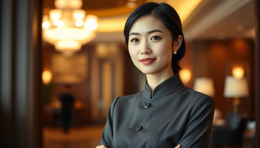 A poised and graceful Japanese woman in her mid-20s, exuding an air of refined elegance and attentiveness. Her refined features, framed by a sleek, black hairstyle, convey a sense of professionalism and poise. Dressed in a crisp, well-tailored uniform, she stands in a sophisticated hotel lobby, bathed in warm, ambient lighting that accentuates her poise and approachability. Her posture is impeccable, and her gaze is calm and inviting, suggesting an attentive and hospitable demeanor. The scene evokes a sense of high-end hospitality and the ideal qualities of a grand hostess.