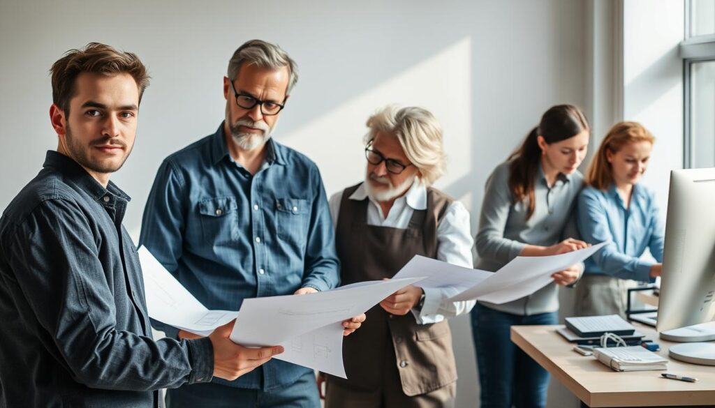 A portrait of four renowned architects showcasing their career paths. In the foreground, a young architect stands before drafting plans, his face determined and focused. In the middle ground, another architect reviews sketches with a client, their conversation animated. In the background, two more architects collaborate on a computer, their expressions contemplative as they bring their vision to life. Soft, natural lighting illuminates the scene, capturing the dedication and creativity that define the architectural profession. The image conveys the diverse stages and roles that make up an architect's career journey.