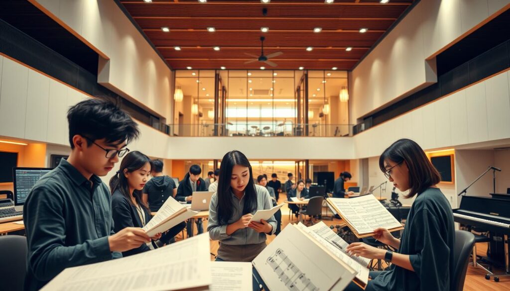 A prestigious music school campus with a vibrant and modern aesthetic. In the foreground, a group of young, serious-looking Japanese students deeply engrossed in their work, arranging sheet music and collaborating on musical compositions. The middle ground features state-of-the-art recording studios and practice rooms, with cutting-edge audio equipment and instruments. The background showcases an expansive atrium, filled with natural light and featuring sleek, minimalist architecture. The overall atmosphere exudes a sense of focused creativity and a passion for the art of musical arrangement. Soft, directional lighting creates a warm, professional ambiance, capturing the essence of this specialized educational program.