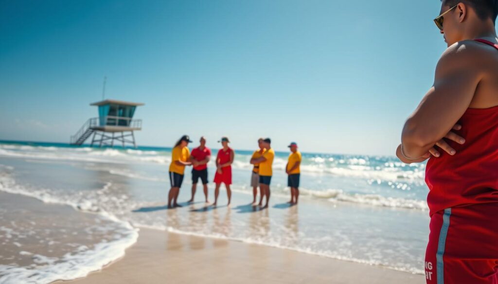 A pristine beach with gently lapping waves, the sun casting a warm glow on the scene. In the foreground, a young, athletic lifeguard, their muscular physique clad in a red and yellow uniform, stands vigilantly, eyes scanning the horizon for any signs of distress. In the middle ground, another lifeguard demonstrates CPR techniques to a group of trainees, their faces focused and determined. In the background, a sleek, modern lifeguard station stands, its glass-and-steel structure reflecting the azure sky. The overall atmosphere conveys a sense of professionalism, competence, and the importance of the lifeguarding role in keeping beachgoers safe.
