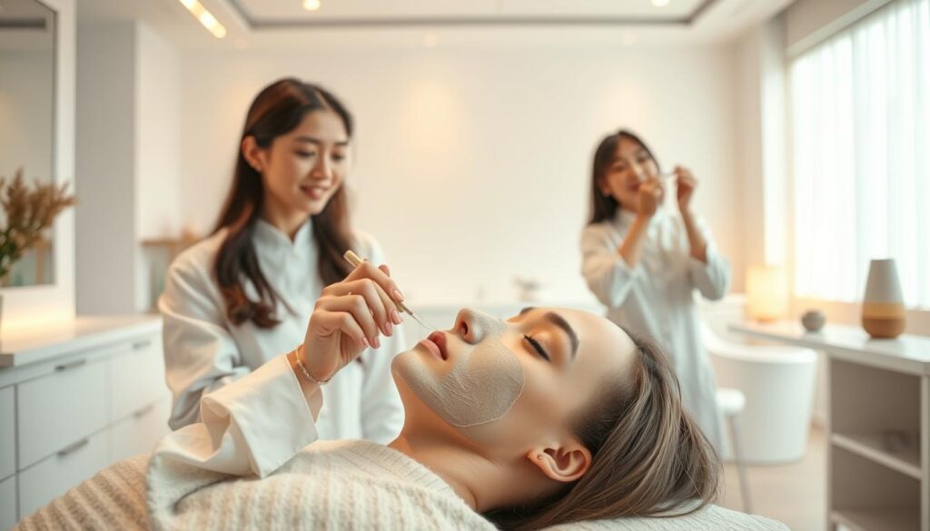A pristine esthetic salon, bathed in soft, warm lighting. In the foreground, a skilled esthetician tenderly applies a nourishing face mask to a serene client, their eyes closed in tranquil relaxation. In the middle ground, another esthetician meticulously shapes a client's eyebrows, their hands steady and precise. The background reveals a clean, minimalist space, filled with sleek, modern furniture and the gentle hum of essential oil diffusers. The young, Japanese-featured estheticians move with graceful efficiency, creating an atmosphere of relaxation and rejuvenation.