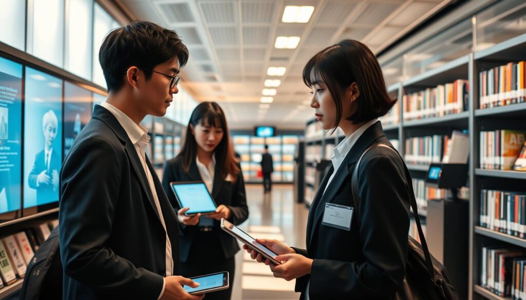 A pristine, modern library filled with rows of sleek digital displays and servers, casting a soft, ambient glow. In the foreground, three young Japanese librarians, poised and professional, intently engaging with patrons as they navigate the seamless digital interface. In the middle ground, shelves of e-readers and tablets await eager readers, while the background showcases cutting-edge technology - 3D printers, digitization stations, and AI-powered recommendation systems. The atmosphere is one of innovation and efficiency, capturing the evolution of the library in the digital age.