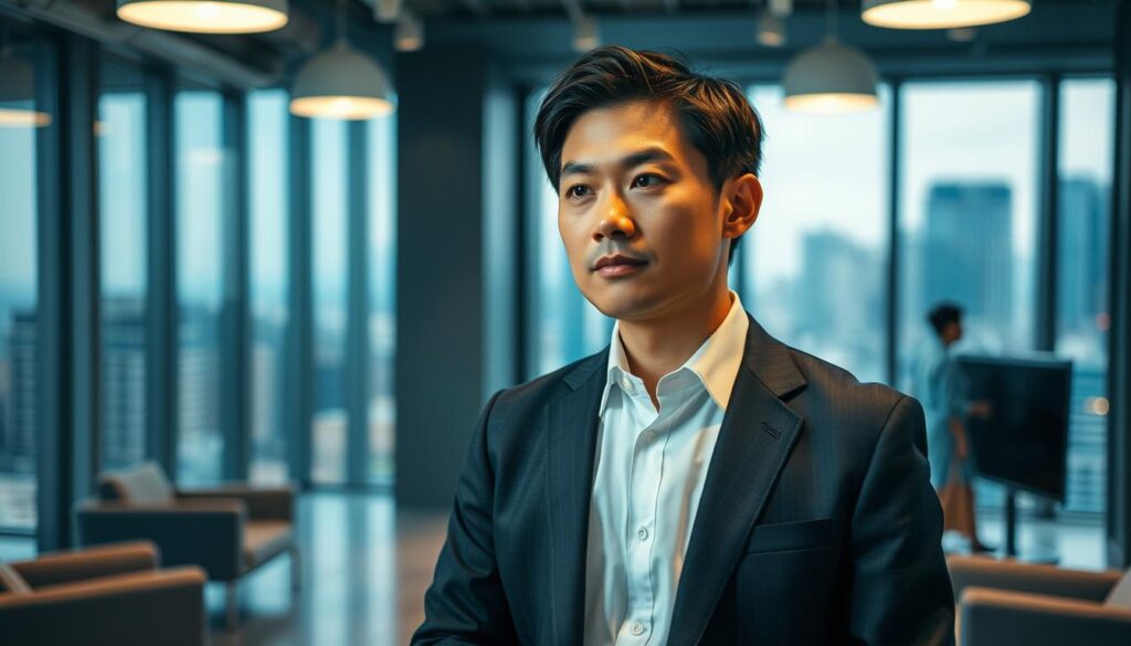 A professional Japanese journalist, dressed in a crisp white shirt and dark suit, stands confidently in a modern, well-lit office. Warm lighting from overhead fixtures creates a subtle glow, casting deep shadows that accentuate the journalist's focused expression. The journalist's gaze is fixed ahead, exuding a sense of determination and purpose. Behind them, the background features a minimalist design with sleek, gray-toned furniture and a large window overlooking a bustling cityscape, hinting at the journalist's success and influence within the industry.