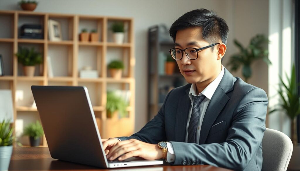 A professional Japanese man in his 30s, smartly dressed in a suit, sitting at a desk and using a laptop. Behind him, a well-lit office setting with shelves, plants, and modern decor. The man's expression is focused as he navigates through a job search website, exploring the process of registering for a new career opportunity. Soft, natural lighting illuminates the scene, creating a sense of productivity and determination. The overall atmosphere conveys the diligence and care involved in the job search journey.