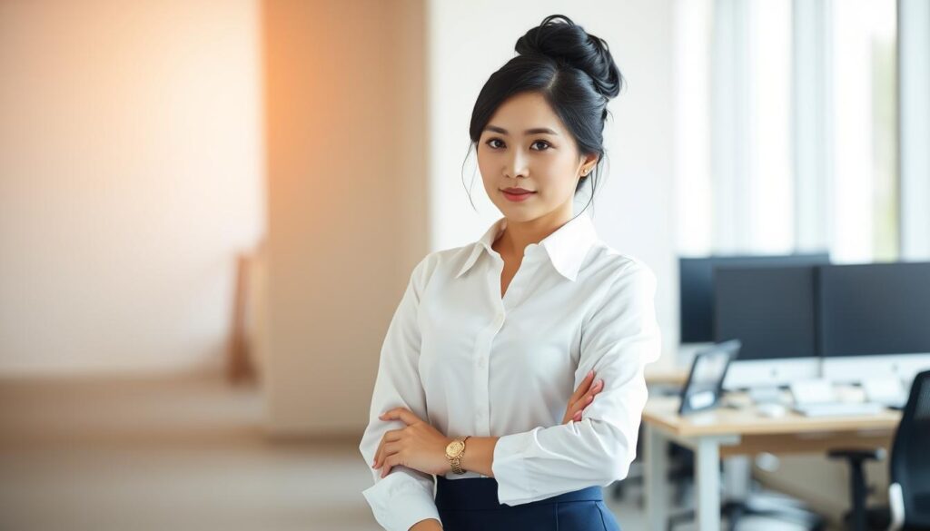 A professional Japanese office worker confidently strides forward, her black hair swept up in a chic updo. Dressed in a crisp white blouse and well-tailored navy skirt, she embodies poise and ambition. Warm, natural lighting illuminates her face, hinting at the determination in her eyes. In the background, a modern office setting provides a clean, minimalist backdrop, accentuating the subject's strong presence. This image captures the essence of a secretary's career progression, radiating a sense of empowerment and the promise of future success.