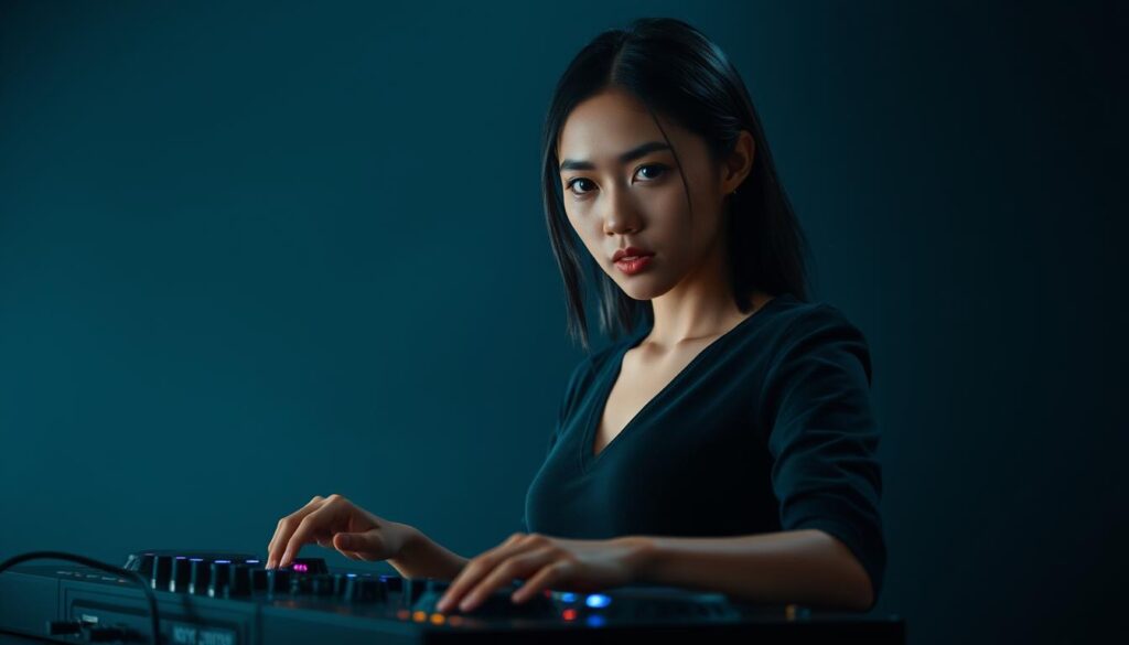 A professional VJ standing confidently in a dimly lit studio, her eyes fixed with intensity as she expertly manipulates the controls of her advanced DJ setup. Soft, dramatic lighting illuminates her face, casting dramatic shadows that highlight her sharp features and determined expression. The background is blurred, placing the focus squarely on the VJ and her craft. The overall atmosphere is one of poise, dedication, and a deep passion for the art of live video performance. The model has a youthful, Japanese-inspired appearance, with sleek black hair and a refined, focused demeanor.
