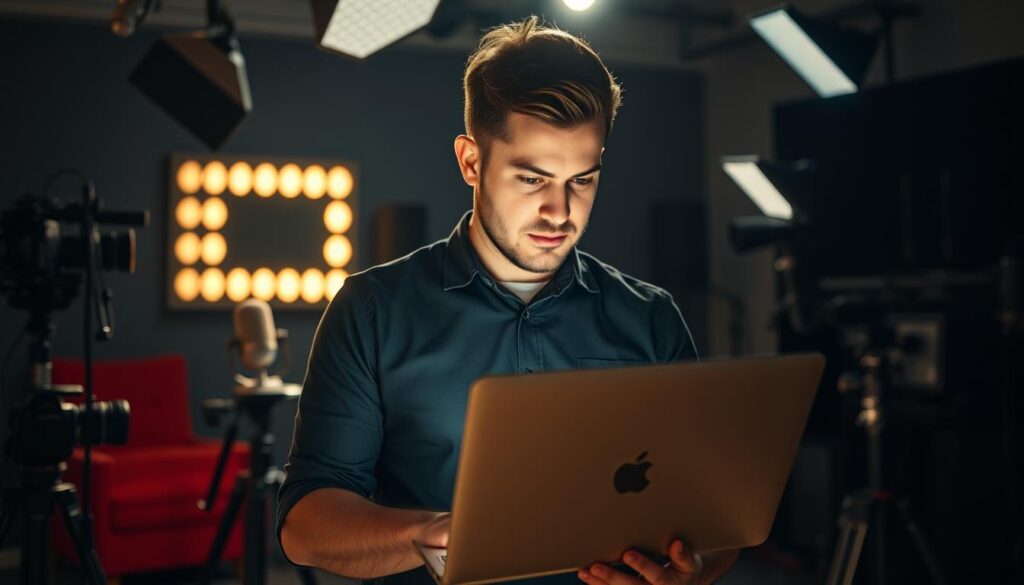 A professional YouTuber standing in a dimly lit studio, carefully reviewing analytics and data on their laptop. Their face is focused, brow furrowed, as they navigate the complexities of audience engagement, sponsorships, and content strategy. The background is filled with various production equipment - cameras, lighting rigs, and microphones - hinting at the technical skills required to thrive in this dynamic industry. The mood is one of contemplation and thoughtfulness, conveying the importance of proactive risk management for YouTubers seeking long-term success.