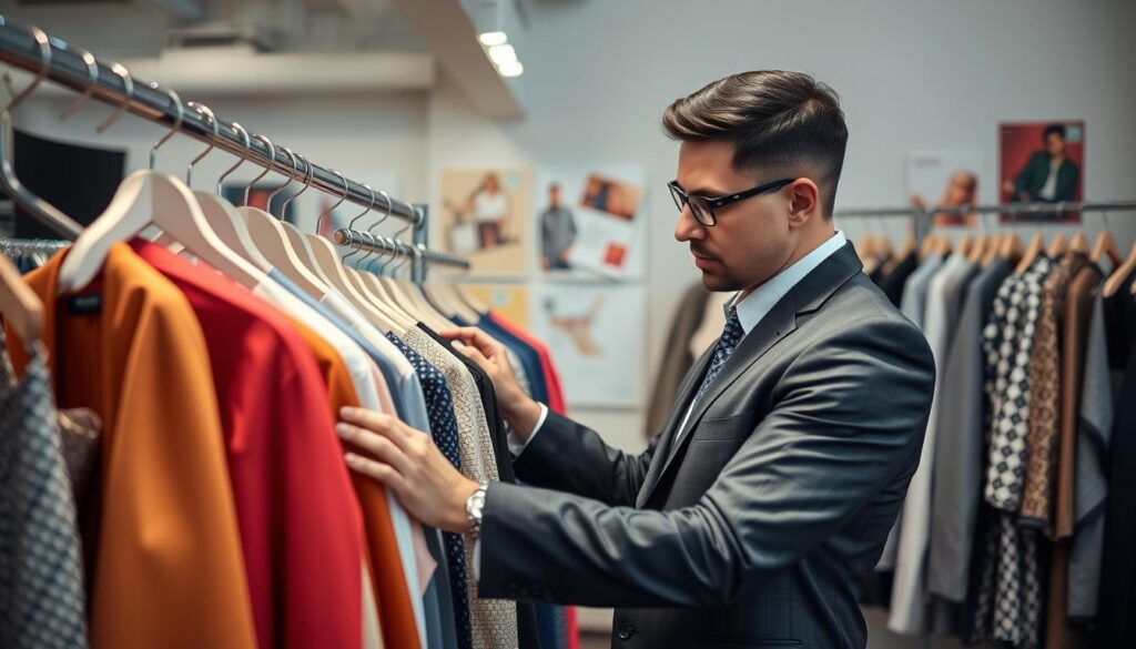 A professional apparel buyer examines a rack of fashionable clothing, meticulously analyzing fabric, cut, and style. They stand in a well-lit studio, their keen eye scanning each garment with discerning precision. The buyer is dressed in a sharp, tailored suit, exuding an air of confidence and authority. In the background, racks of additional clothing, bolts of fabric, and mood boards suggest the buyer's deep understanding of industry trends and consumer preferences. The scene conveys the buyer's pivotal role in curating the perfect merchandise mix for their retail brand, their expertise and decision-making skills essential to the apparel industry.