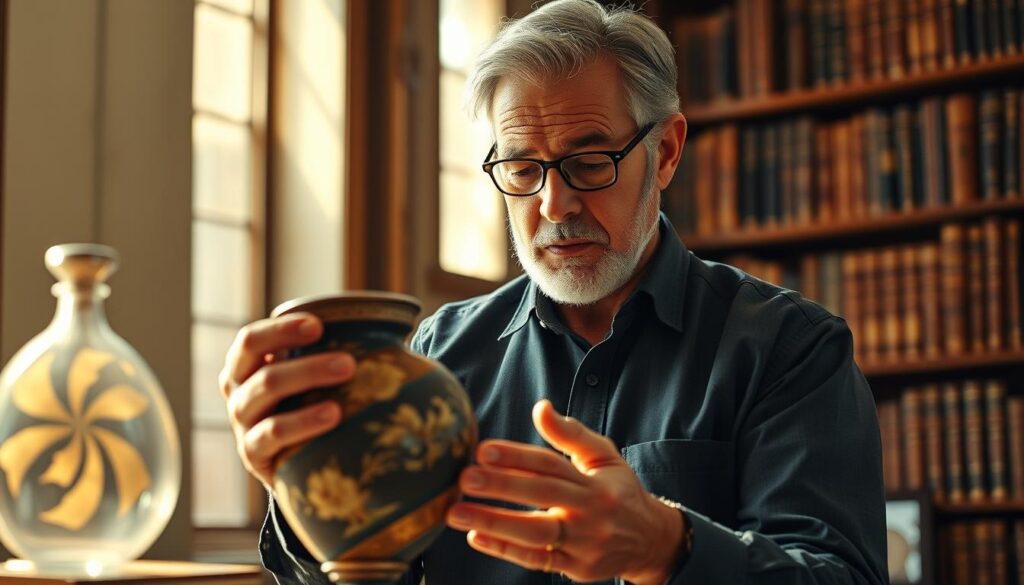 A professional appraiser examining a rare antique vase in a sunlit study, surrounded by bookcases filled with ancient tomes. Warm, diffused lighting casts gentle shadows across their face as they carefully inspect the intricate craftsmanship, their expression one of deep concentration. The background is softly blurred, allowing the viewer to focus on the appraiser's work. The scene conveys a sense of scholarly expertise and reverence for the object under evaluation.