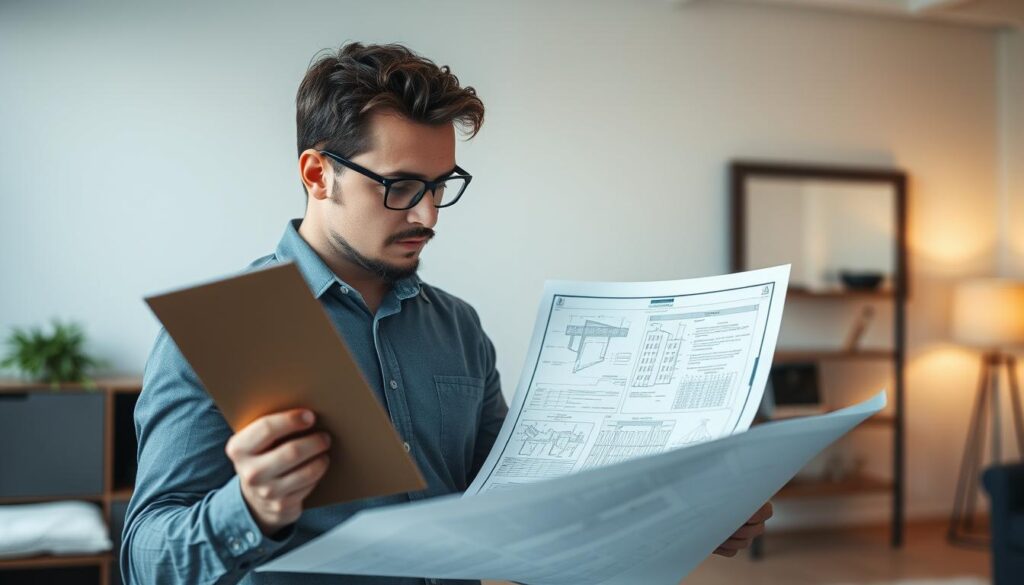 A professional architect holds an engineering certificate, examining detailed construction plans with precision. The image captures this figure in a well-lit office setting, meticulously analyzing blueprints and technical documents. Soft lighting illuminates the thoughtful expression, conveying the expertise and focus required for this specialized consulting role. The background features minimalist decor, allowing the subject to take center stage. The overall atmosphere radiates a sense of expertise, diligence, and the technical mastery essential for a successful construction consultant.