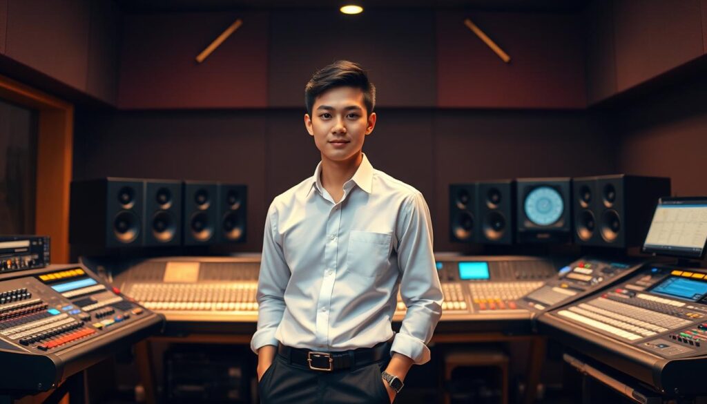 A professional audio mixer, dressed in a crisp white shirt and sleek black pants, stands confidently in a state-of-the-art recording studio. They have a youthful, Japanese-inspired appearance with dark, neatly styled hair. The lighting is warm and focused, illuminating the mixer's face and the various knobs, sliders, and displays of the high-end audio equipment surrounding them. The background is slightly blurred, emphasizing the subject's expertise and the technical nature of their work. The overall atmosphere conveys a sense of professionalism, attention to detail, and a deep understanding of the art of sound engineering.