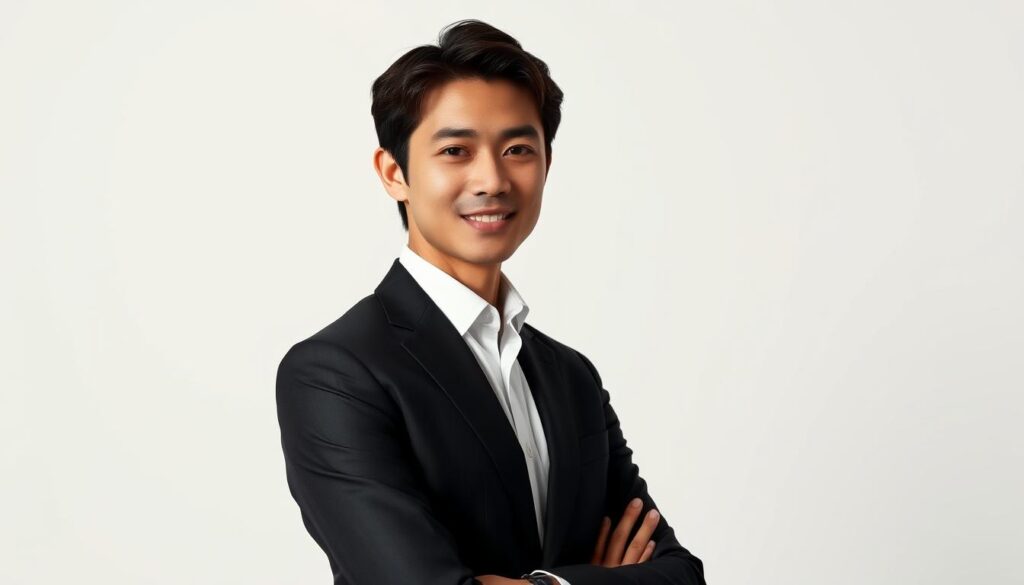 A professional business executive portrait of a young, Japanese-looking man with dark hair, set against a clean, minimalist backdrop. The subject is posing confidently, dressed in a well-tailored, dark suit. The lighting is soft and directional, accentuating the subject's facial features and creating a sense of depth and dimension. The image conveys a sense of authority, competence, and approachability, reflecting the subject's role as an executive career consultant. The overall tone is polished, sophisticated, and visually striking, perfectly capturing the essence of "ロバート・ワルターズ エグゼクティブ人材サポート".