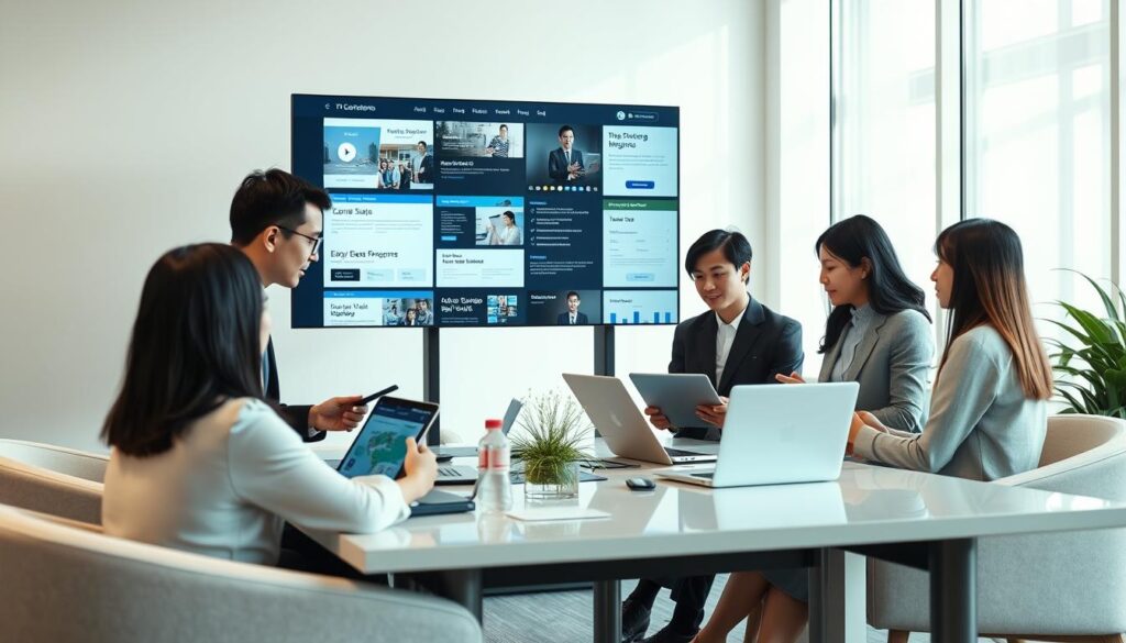 A professional business team collaborating on a multi-screen digital display, showcasing various career websites and strategies. The scene is set in a modern, well-lit office environment with sleek, minimalist furniture and decor. The team members, comprised of young, Japanese-looking professionals, are engaged in discussion, analyzing data and job postings on their laptops and tablets. Soft, directional lighting from large windows creates a sense of focus and productivity. The overall atmosphere conveys a strategic, thoughtful approach to navigating the job market through the combined use of multiple employment platforms.