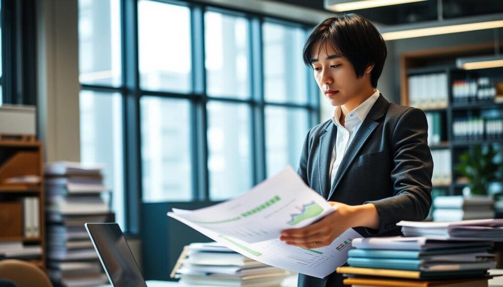 A professional buyer standing in a modern, well-lit office, surrounded by neatly stacked folders and a laptop displaying supply chain data. The buyer, a young Japanese-looking person with short black hair, is studying market trends and inventory reports, showcasing their expertise in procurement and negotiation. The scene conveys a sense of focus, competence, and the importance of the buyer's role in driving business success.