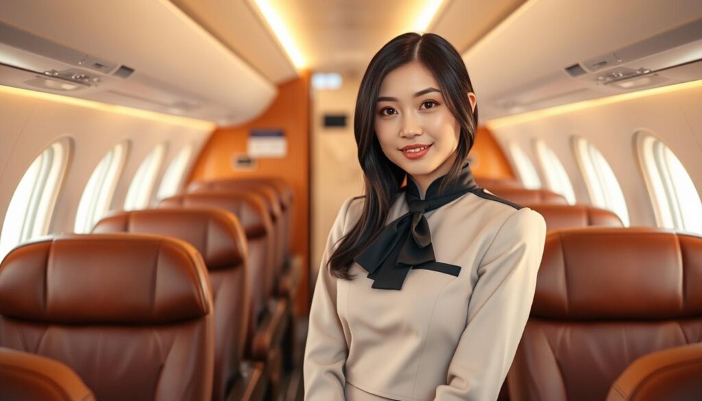 A professional cabin attendant standing in a meticulously designed aircraft cabin, dressed in a crisp, tailored uniform with a subtle yet stylish flair. The lighting is soft and warm, accentuating the attendant's youthful, Japanese-inspired features and glossy, black hair. The cabin interior is elegantly appointed, with plush leather seats and subtle details that convey a sense of luxury and comfort. The attendant's expression is calm and professional, radiating a sense of hospitality and attention to detail that reflects the high standards of their career. The overall scene conveys the prestige and financial stability associated with the role of a cabin attendant.