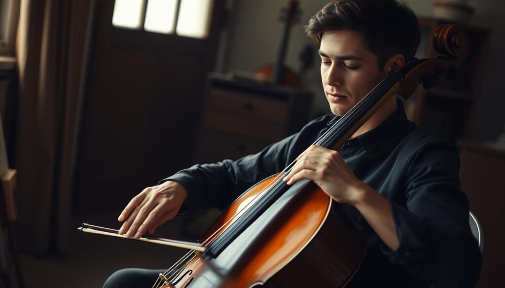 A professional cellist sits alone in a cozy, dimly lit practice room, their fingers gracefully caressing the strings of their instrument. Sunlight filters in through a nearby window, casting a warm, natural glow on the scene. The cellist's face is expressive, their eyes closed in deep concentration as they lose themselves in the music. The background is blurred, drawing the viewer's attention to the central figure and the cello. The overall atmosphere is serene and introspective, capturing the daily routine and quiet dedication of a skilled cellist.