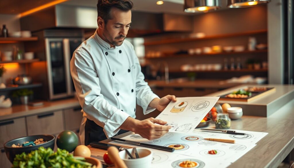 A professional chef in a modern kitchen, designing a new menu item. They stand over a table filled with fresh ingredients, culinary tools, and sketches of dish concepts. Warm, natural lighting casts a cozy glow, capturing their focused expression as they meticulously evaluate recipes and consider flavor profiles. The scene conveys a sense of creative process, culinary expertise, and the chef's dedication to developing innovative, high-quality dishes for their establishment.