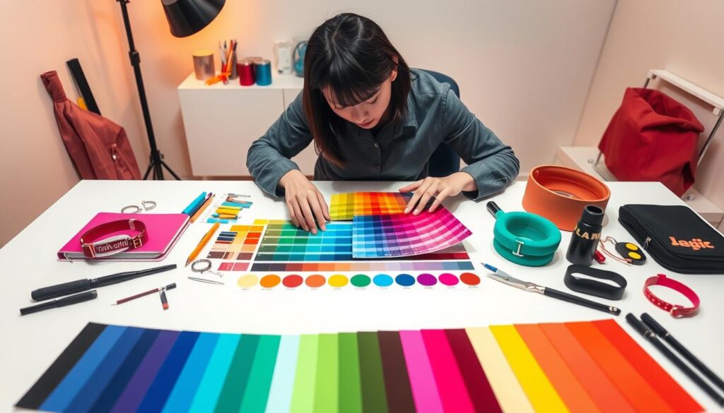 A professional color coordinator carefully arranging a diverse palette of vibrant hues on a minimalist white table, illuminated by warm, diffused lighting. The coordinator, a young Japanese-looking individual, examines color swatches with intense focus, surrounded by various color-coordinated accessories and tools. The scene conveys a sense of artistry, precision, and the nuanced considerations involved in the color coordination process.