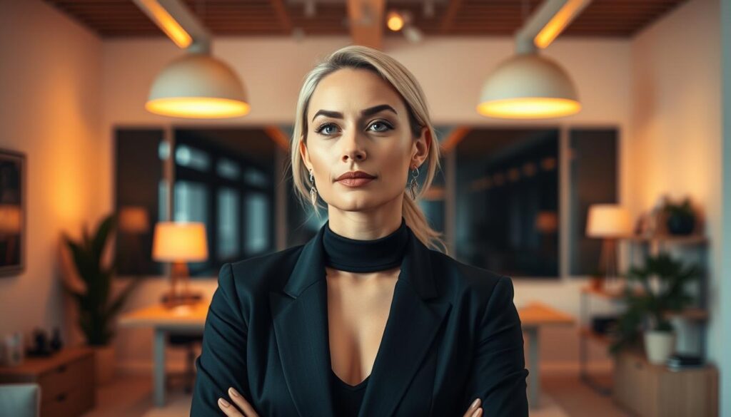 A professional color coordinator standing confidently, dressed in a chic, monochromatic outfit that complements their surroundings. They are situated in a modern, minimalist office space, bathed in warm, diffused lighting that accentuates their sharp features. The coordinator's gaze is focused, conveying a sense of ambition and determination as they contemplate their career progression. The scene evokes a tranquil, aspirational atmosphere, suggesting the potential for growth and advancement within this dynamic profession.