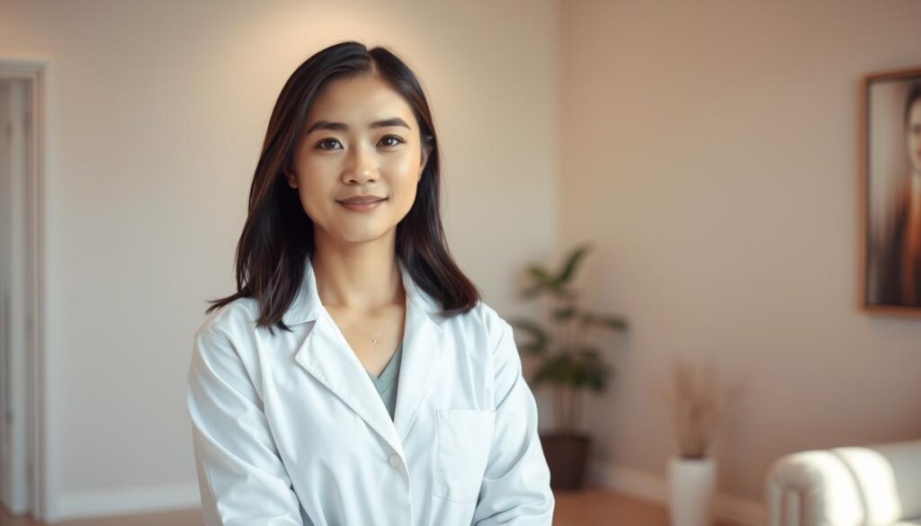 A professional color therapist standing in a serene, minimalist office setting. The therapist, a young Japanese-looking individual with dark hair, is dressed in a crisp, white lab coat, exuding an aura of expertise and tranquility. The lighting is soft and natural, casting a warm, soothing glow that enhances the calming atmosphere. The background features a simple, elegant interior with clean lines and muted colors, creating a harmonious, therapeutic environment. The therapist's pose and expression convey a sense of compassion, focus, and deep understanding, reflecting the essential skills and qualities required for this meaningful profession.