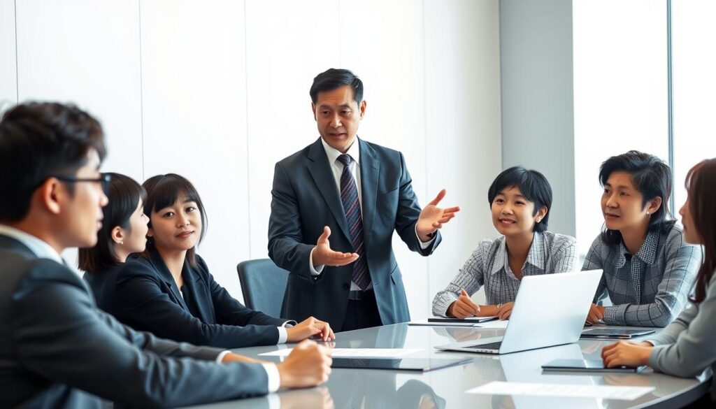 A professional commissioner addressing a team of young, Japanese-looking individuals, all seated around a modern conference table. The commissioner, in a well-tailored suit, gestures emphatically, their expression conveying a sense of determination and problem-solving. The lighting is bright and crisp, casting subtle shadows that accentuate the faces and body language of the participants. The background is a sleek, minimalist office space, hinting at the high-stakes, high-pressure environment in which the commissioner operates. The overall mood is one of focused discussion and collaborative problem-solving, as the commissioner guides their team through a challenging task.