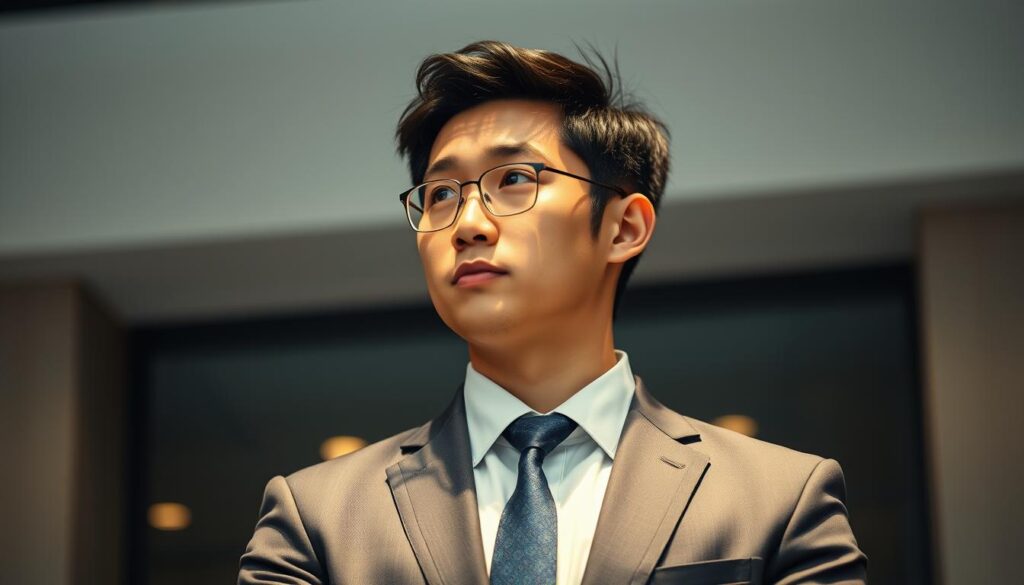 A professional, competent project manager stands poised, exuding calm confidence. Their gaze is focused, brow furrowed in contemplation as they consider the intricacies of their task. Dressed in a crisp, tailored suit, they embody the perfect blend of analytical thinking and adaptable leadership. Subtle lighting accentuates their features, casting a warm, authoritative glow. The background is subtly blurred, placing the subject in sharp relief, their presence commanding the viewer's attention. This young, Japanese-looking individual personifies the essential qualities of an effective project manager - organized, decisive, and adept at navigating complex challenges.